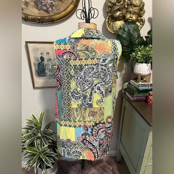 Spense NWT Blue Orange Pink Colorful Paisley Floral Stretch Sleeveless Blouse M - Picture 3 of 8